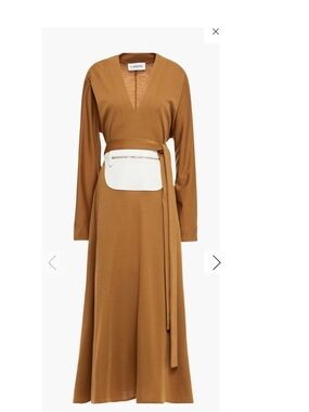 Lanvin Camel Long-Sleeve V-Neck Belted Maxi Dress with White Pocket Accent
